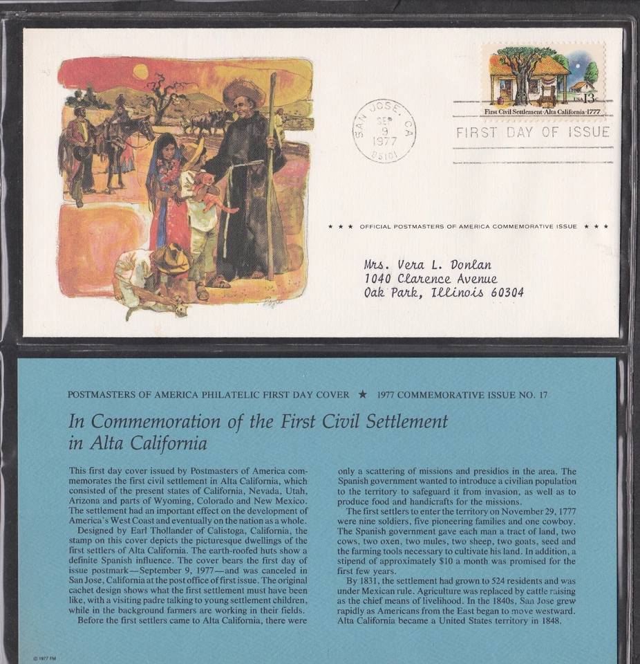 USA 1977 FDC 200th ANNIV OF FIRST CIVIL SETTLEMENT IN ALTLA CA + CARD + CACHET - Image 1 of 1