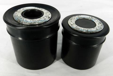SIGNED EBONY & STERLING SILVER H.F.DALTREY & CO DRESSER SET HAIR RECEIVER & JAR Cover