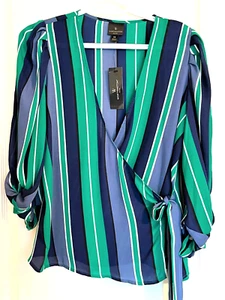 WORTHINGTON Green Blue Striped Wrap Top Sz Small S 4 6 Petite SP - Picture 1 of 3
