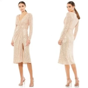 Mac Duggal Sequin Long Sleeve Midi Cocktail Formal Dress Size 12 Rose Gold NWT - Picture 1 of 6
