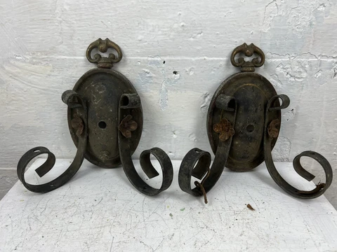 Pair Of Shield Back Wall Sconces 2 Arm Antique Lighting Deco Missing Sockets Cover