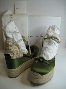 NEW Women Marc Jacobs EU 37 US 6.5 Olive Satin Espadrille Ankle Wrap Ties Shoes - Picture 1 of 8