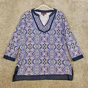 Dana Buchman Tunic Blouse Sz L Womens Purple V Neck 3/4 Sleeve Side Slit Stretch - Picture 1 of 8