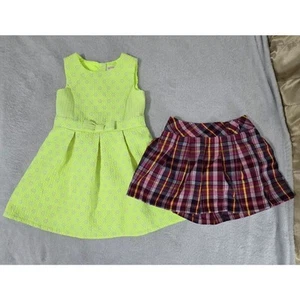 Cat & Jack Girls Neon Yellow Dress & Garanimals Plaid Skirt Bundle Size 5T Twee - Picture 1 of 4
