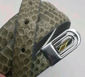 Vintage Skinny Genuine Snakeskin Belt Olive/Gray 1/2" Wide Rectangular Buckle L - Picture 1 of 23