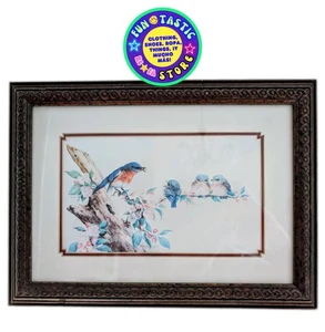 PINTURA ENMARCADA ACUARELA "PÁJARO AZUL MACHO Y POLLUELOS" DE BECKY KRUGER CYR - Imagen 1 de 7