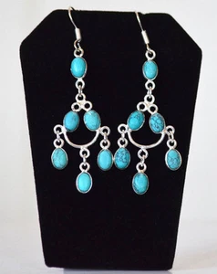 Silber Metall Türkis Kronleuchter Haken Ohrring Modeschmuck aus Indien - Bild 1 von 4