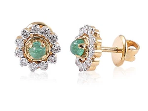 0,97 Cts Runde Brilliant Cut Diamanten Smaragd Ohrstecker In 750 Solide 18K Gold - Bild 1 von 3