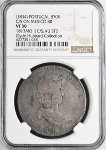 PORTUGAL 870 Reis Countermark (1834) on Mexico 1817 JJ 8R NGC VF 30 Ex-Hubbard - Picture 1 of 5