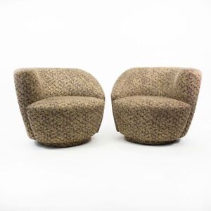 1990s Pair of Vladimir Kagan Style Nautilus Swivel Chairs with Patterned Fabric