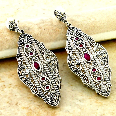 PENDIENTES FILIGRANA PLATA ESTERLINA 925 ESTILO ANTIGUO DECO PERLAS RUBÍ GENUINOS #070 Foto 1 de 2