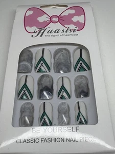 NAIL DECOR /ART  BOX OF 12 FALSE NAILS  GREY MARBLE ABSTRACT GREEN - Picture 1 of 1