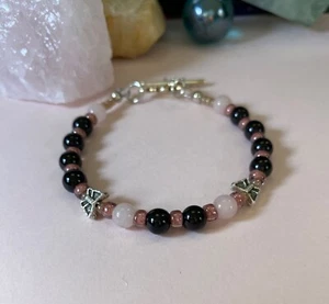 Empath Protection Bracelet. Black Tourmaline w/Rose Quartz & Butterflies. 6 inch - Picture 1 of 13