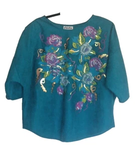 Vintage Caribou Top Measures XL Blue with Gold Accent Floral Print Artsy - Picture 1 of 9
