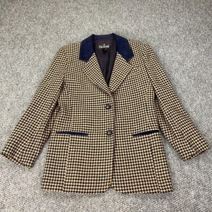 JL Colebrook Womens Jacket Blazer Medium Tan Blue Houndstooth Wool Blend VTG - Picture 1 of 18