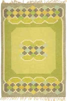 Green Vintage Area Rug Handmade Handwoven Swedish Scandinavian kilim Flatweave - Image 1 of 3