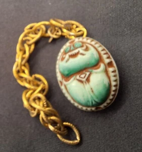 Vintage Czech Egyptian Revival Art Deco Glass Bead Cabochon Scarab Green Brown - Picture 1 of 10