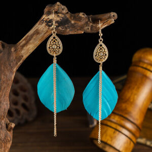 Feather Chain Tassel Drop Earrings Ethnic Vintage Boho Jewelry Gift for Women