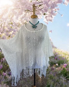 White Crochet Sequin Poncho Top Shawl Boho Style Fairy Festival Hippie Artsy Y2K - Picture 1 of 4