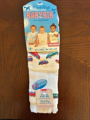 VINTAGE NOS 1980s Charles Craft Deluxe Baby Bib Cars Trucks Cross Stitch Center - Image 1 of 4