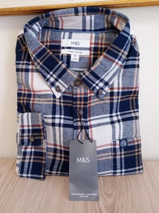 Men`s M&S Brushed Cotton Checked shirt Size 3XL Chest 50-52 in Navy mix BNWT - Picture 1 of 4