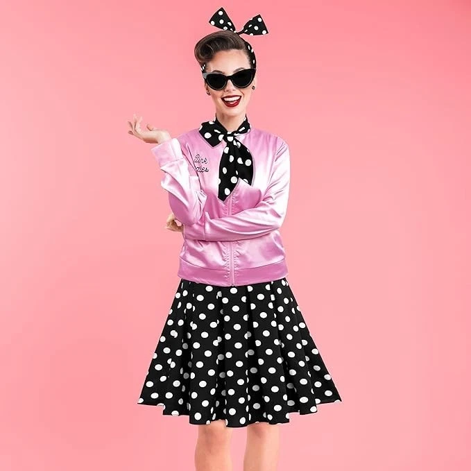 Conjunto de Disfraz de Damas Rosa Vintage Años 50 Chaqueta de Satén Rosa + Falda a Lunares + Acc. Foto 1 de 4
