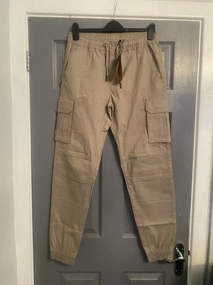 CROSSHATCH  Men Sand Coloured Canvas Cargo Trousers, Elasticated Waist, Size M - Image 1 of 4