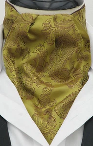 Mens Antique Gold & Chocolate Paisley Silk Satin Ascot Cravat & Hanky-Made in UK - Picture 1 of 3