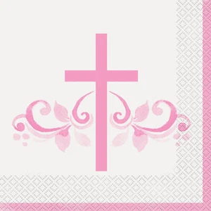 Pink Cross Paper Napkins Communion Confirmation Christening Party Serviette x 16 - Picture 1 of 1