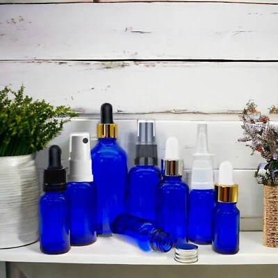 AVALON COSMETIC PACKAGING Blue Glass Bottles 10ml-100ml w/ Pipette, Nasal Spray, Atomizers, Aluminum Lid