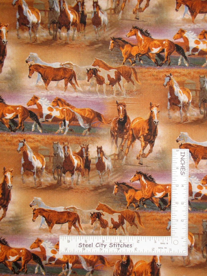 Caballos salvajes en el campo tela de algodón textiles David alas salvajes por yarda Foto 1 de 1