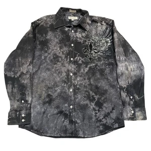 Y2K Eighty Eight Affliction Style Grey Tie Dye Cyber Goth Grunge Button Shirt XL - Picture 1 of 7