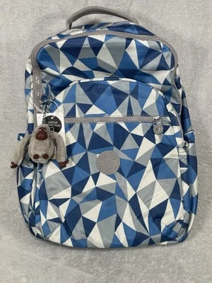 Kipling NWT Laptop Backpack Blue Geometric Print Monkey Keychain School Travel - Image 1 of 4