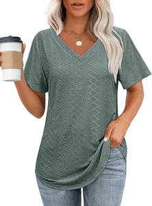 OFEEFAN Mujeres Camisetas Cuello en V Manga Corta Informal Prendas para el torso Calce Suelto Camisetas Básicas con - Imagen 1 de 5
