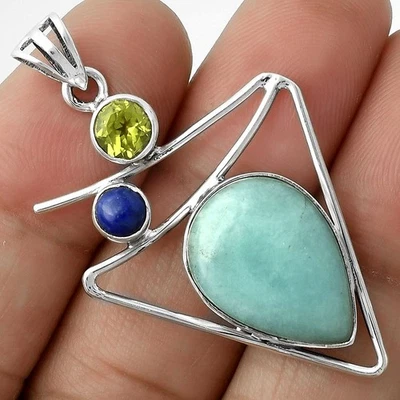 Paraiba Amazonite, Peridot & Lapis 925 Sterling Silver Pendant Jewelry P-1025 - Image 1 of 4