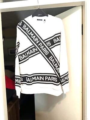 Balmain Men's White Bailmain Paris Logo-print Allover knitted Jumper £800 Authen - Image 1 of 4