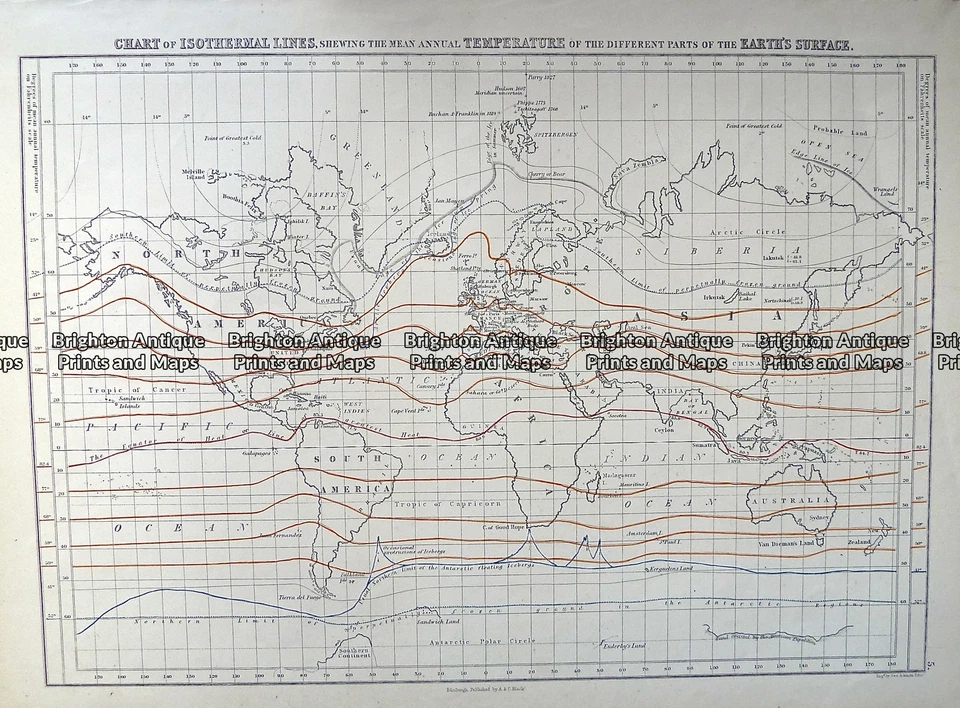 Mapa Antiguo 232-575 Mundo - Líneas Isotérmicas por Negro c.1862 Foto 1 de 1