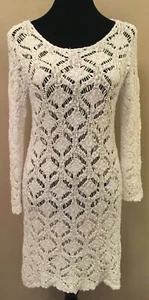 J. Jill Womens Open Knit Sweater Dress Small White Long Sleeve Scallop Cotton  - Picture 1 of 12