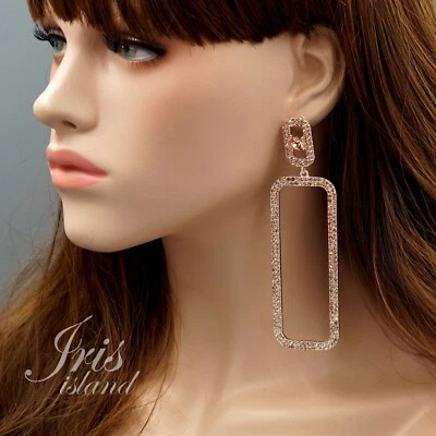 Pendientes colgantes de aro rectangulares de boda de cristal de oro rosa de 4,5" de largo 01837 Foto 1 de 4