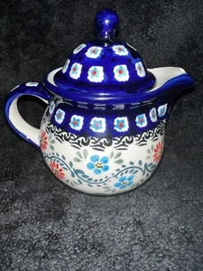 Boleslawiec Polish Pottery Small Teapot Blue Floral - Picture 1 of 7