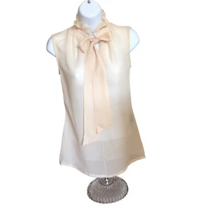 NWT Womens Sleeveless Blouse XS Hi Ruffle Neck Pussy Bow Sheer Dioni Officecore - Picture 1 of 9