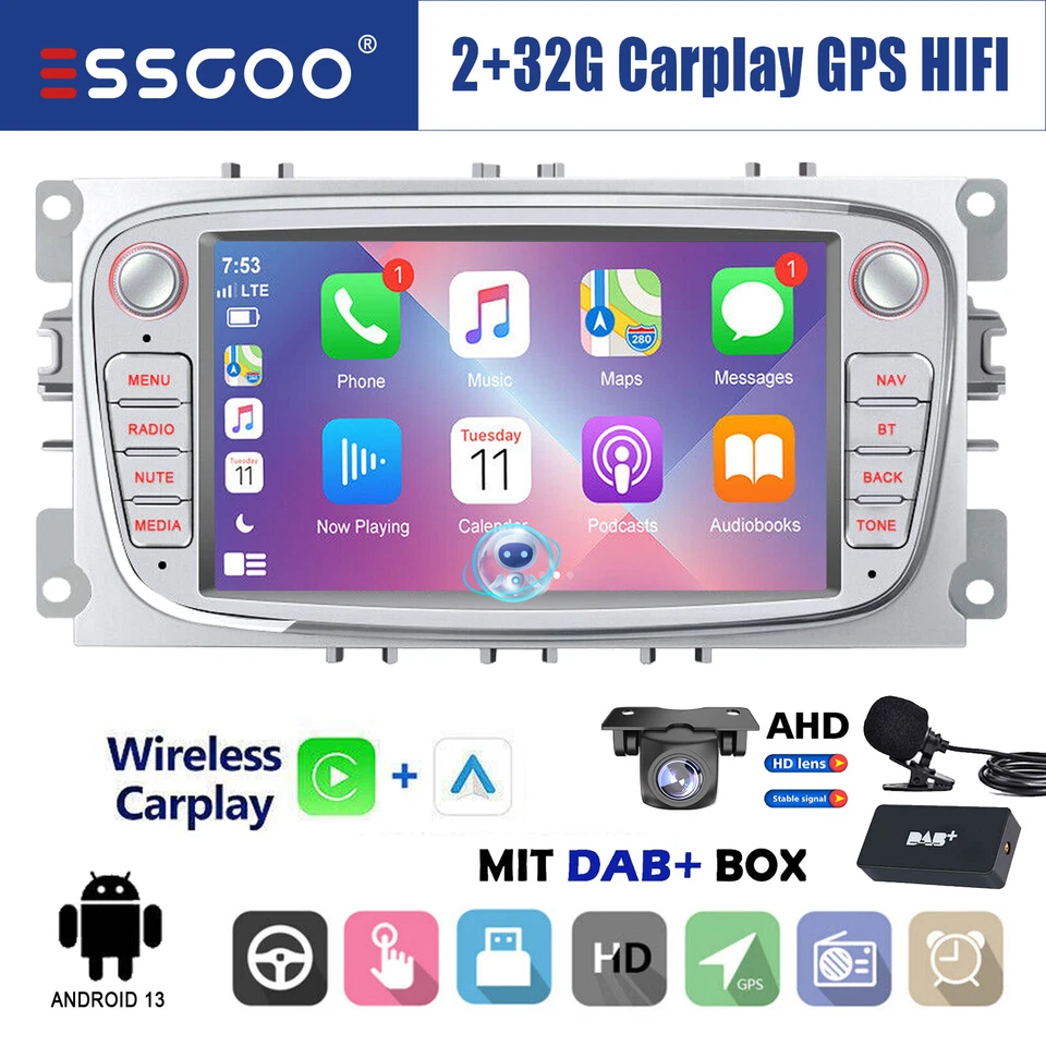 DAB+ Autoradio Carplay Android 13 GPS Kamera MIK Für Ford Focus 2 Mondeo C S Max - Bild 1 von 4