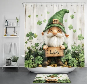 Happy St Patricks Day Green Clover Gnome Shower Curtain Bathroom Accessories Set - Picture 1 of 23