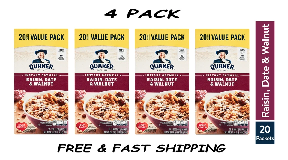 ( 4 PACK) Quaker, Instant Oatmeal, Raisin, Date & Walnut, 1.30 oz, 20 Packets. Foto 1 de 1