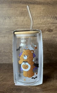 Vaso de vidrio brillante Care Bears Halloween tapa y pajita de bambú nunca abierto - Imagen 1 de 9