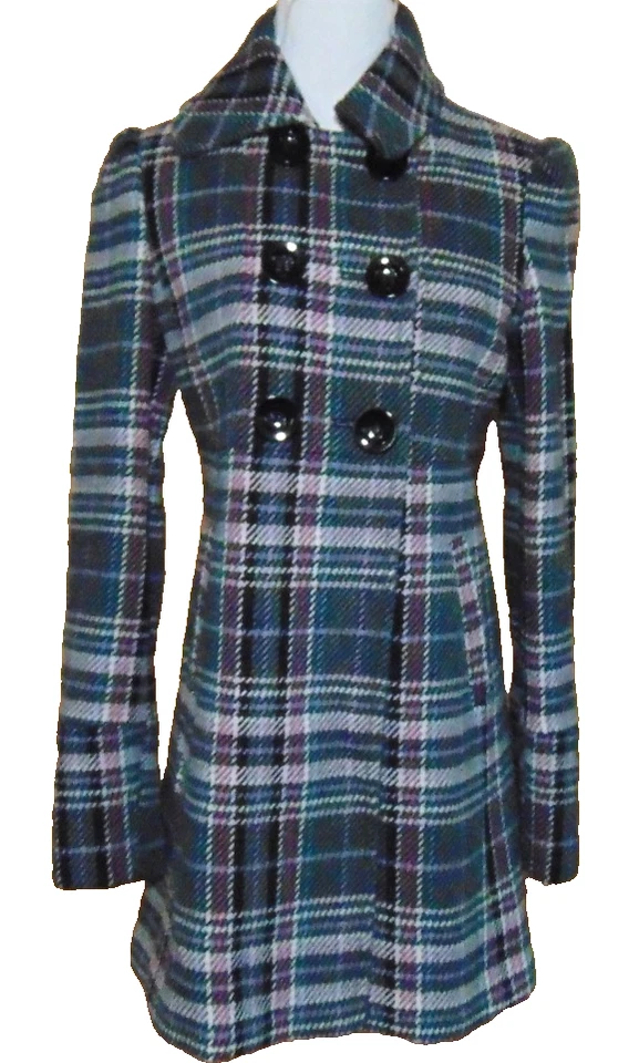 AMERICAN RAGCIE 女士羊毛混纺格子外套 背带 双重 BREAST PEACOAT ~ XS/S — 第 1/4 张图片