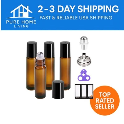 Paquete de 4 botellas enrollables de aceite esencial de vidrio ámbar de 10 ml con bolas de acero inoxidable Foto 1 de 4
