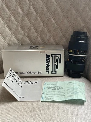 NIKON F NIKKOR MICRO-NIKKOR 105mm f/4 CAMERA LENS w/ PN-1 COMPLETE IN BOX - Image 1 of 4