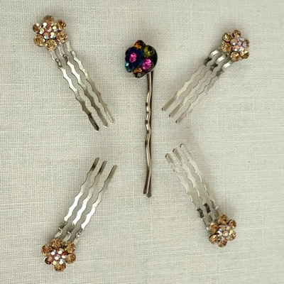 Rhinestone Flower Hair Jewelry Pins Set of 5 Multicolor Gold Floral Accessories - Image 1 of 4