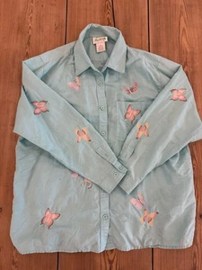 Women’s Quacker Factory Butterfly Embroidered Linen Blend Button Up Blue XL - Picture 1 of 5